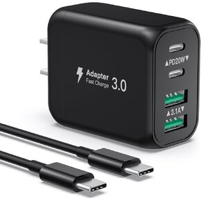 شاحن حائط USB C، كتلة شاحن USB C بقدرة 40 وات و4 منافذ، كتلة شحن سريع بمنفذ مزدوج PD+QC محول طاقة من النوع C لهاتف iPhone 15/14/13/12/11/Pro Max/XS/XR/8، iPad، Samsung هاتف، تابلت، مع كابل 6FT CC
