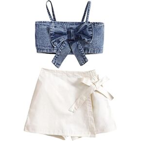 2PCS Toddler Kids Girls Baby Summer Outfit Set Spaghetti Strap Sleeveless Bow Denim Camisole + Skirt Shorts