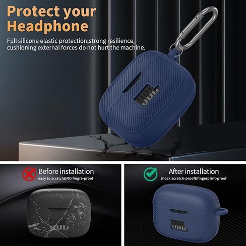 غطاء حافظة JBL Tune 230NC TWS، غطاء حماية من السيليكون المحمول مقاوم للخدش وشعار مرئي متوافق مع حافظة شحن سماعات الأذن JBL 230NC مع حلقة تسلق - أسود in Kuwait