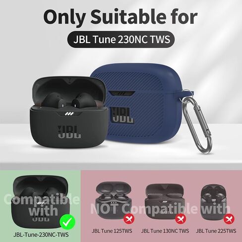 for JBL Tune 230NC TWS Case Cover, Silicone Protective Portable Scratch Shock Resistant Logo Visible Design Cover Compatible with JBL 230NC Earbuds Charging Case with Carabiner-Blue in Saudi Arabia