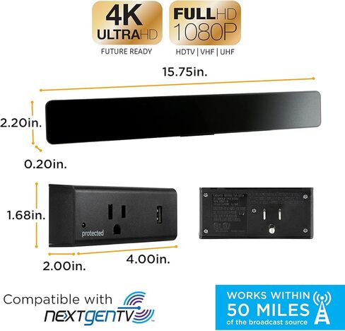 شريط هوائي التلفزيون المضخم UltraPro مع صنبور حماية من زيادة التيار، منفذ واحد + منفذ USB واحد، يدعم 4K 1080P VHF UHF، 280 جول، معزز إشارة شريط طويل المدى مدمج بفلتر LTE، 58229 in Kuwait