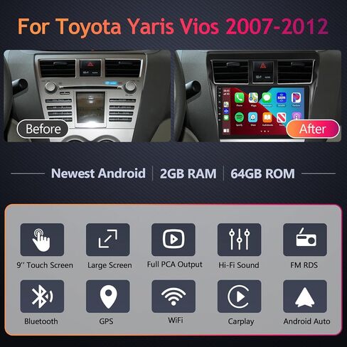2G + 64G لـ 2007-2012 Toyota Yaris Vios Android ستيريو السيارة مع Carplay اللاسلكي Android Auto MirrorLink، Podofo 9 بوصة IPS شاشة لمس بلوتوث راديو السيارة مع GPS HiFi Audio WiFi كاميرا احتياطية in Saudi Arabia