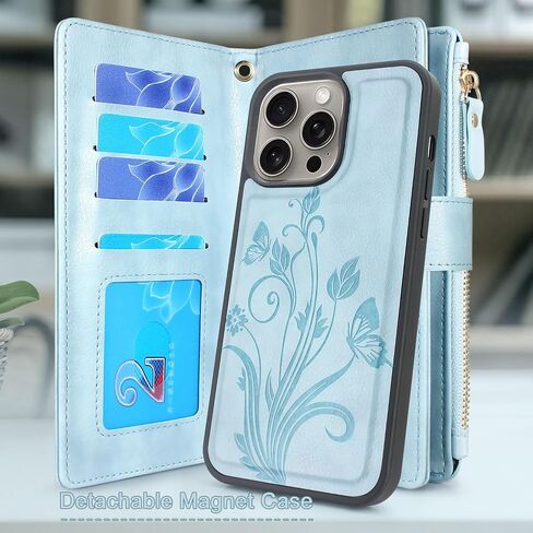حافظة Lacass متوافقة مع iPhone 15 pro max 2023، [فتحات للبطاقات] حامل نقدي لبطاقة الهوية وجيب بسحاب وغطاء جلدي قابل للفصل مع حبل معصم (أزرق سماوي زهري) in Saudi Arabia