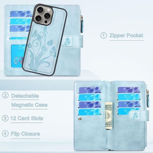 حافظة Lacass متوافقة مع iPhone 15 pro max 2023، [فتحات للبطاقات] حامل نقدي لبطاقة الهوية وجيب بسحاب وغطاء جلدي قابل للفصل مع حبل معصم (أزرق سماوي زهري) in Saudi Arabia