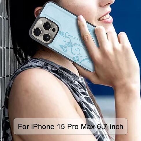حافظة Lacass متوافقة مع iPhone 15 pro max 2023، [فتحات للبطاقات] حامل نقدي لبطاقة الهوية وجيب بسحاب وغطاء جلدي قابل للفصل مع حبل معصم (أزرق سماوي زهري) in Saudi Arabia