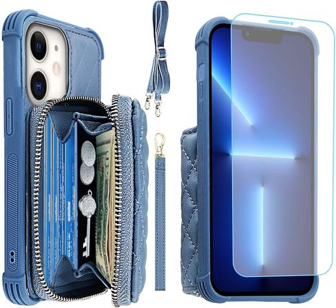 MONASAY Zipper Wallet Case Fit for iPhone 12 Pro/iPhone 12,[Glass Screen Protector ][RFID Blocking] Flip Leather Handbag Phone Cover with Card Holder & Crossbody Lanyard Strap, Black in Saudi Arabia