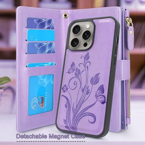 حافظة Lacass متوافقة مع iPhone 15 pro max 2023، [فتحات للبطاقات] حامل نقدي لبطاقة الهوية وجيب بسحاب وغطاء جلدي قابل للفصل مع حبل معصم (أزرق سماوي زهري) in Saudi Arabia