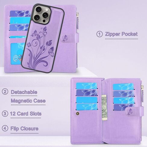 حافظة Lacass متوافقة مع iPhone 15 pro max 2023، [فتحات للبطاقات] حامل نقدي لبطاقة الهوية وجيب بسحاب وغطاء جلدي قابل للفصل مع حبل معصم (أزرق سماوي زهري) in Saudi Arabia