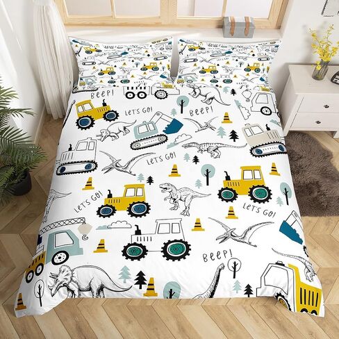 Cartoon Car Bedding Set Kids Construction Comforter Cover Set for Boys Equipment Trucks Duvet Cover Breathable Cartoon Yellow Car Excavator Tractor Bedspread Cover Room Decor Quilt Cover Twin Size in Kuwait