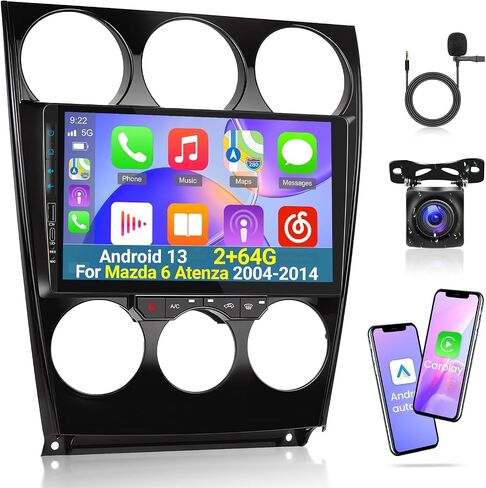 [2+64G] راديو سيارة Android 13 لسيارة Mazda 6 Atenza 2004-2014 - Carplay اللاسلكي وAndroid Auto - ستيريو سيارة بشاشة لمس 9 بوصة مع 28 سمة لواجهة المستخدم/GPS/WiFi/SWC + كاميرا احتياطية AHD in Saudi Arabia