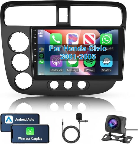 Hodozzy Android Car Stereo for Honda Civic 2001 2002 2003 2004 2005, Wireless Carplay Android Auto Mirror Link, 32GB 9 Inch Touch Screen Car Radio GPS Bluetooth Wifi FM RDS HiFi SWC, Rear view Camera in Saudi Arabia