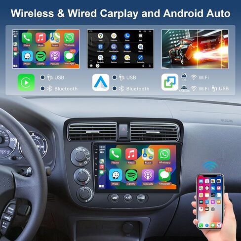 Hodozzy Android Car Stereo for Honda Civic 2001 2002 2003 2004 2005, Wireless Carplay Android Auto Mirror Link, 32GB 9 Inch Touch Screen Car Radio GPS Bluetooth Wifi FM RDS HiFi SWC, Rear view Camera in Saudi Arabia