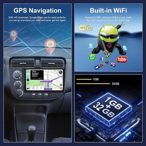 Hodozzy Android Car Stereo for Honda Civic 2001 2002 2003 2004 2005, Wireless Carplay Android Auto Mirror Link, 32GB 9 Inch Touch Screen Car Radio GPS Bluetooth Wifi FM RDS HiFi SWC, Rear view Camera in Saudi Arabia