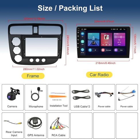 Hodozzy Android Car Stereo for Honda Civic 2001 2002 2003 2004 2005, Wireless Carplay Android Auto Mirror Link, 32GB 9 Inch Touch Screen Car Radio GPS Bluetooth Wifi FM RDS HiFi SWC, Rear view Camera in Saudi Arabia