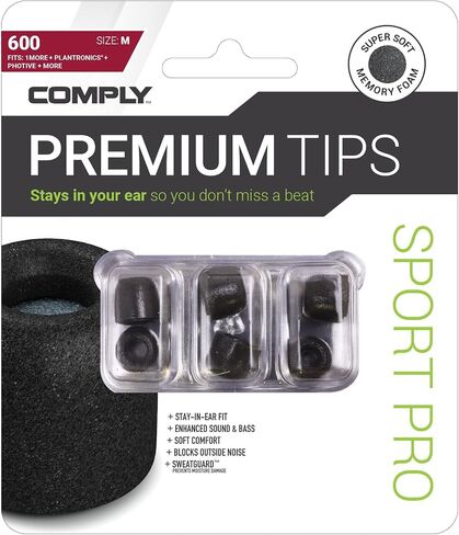 Comply Sport Pro Sx-600 Memory Foam Earphone Tips with SweatGuard, Secure Fit Replacement Earbud Tips for Active Lifestyle (Medium, 3 Pairs), Black, Model: 19-60201-11 in Saudi Arabia