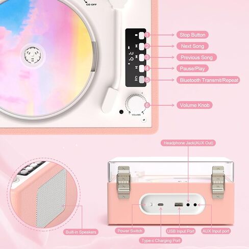 CD Player Portable for Home with HiFi Speakers, Vintage Rechargeable Desktop CD Player Support Bluetooth Out/in, USB, AUX Headphone Jack Remote Control, Pink in Saudi Arabia