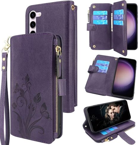 Lacass [Cards Theft Scan Protection] 10 Card Slots Holder Zipper Pocket Wallet Case Flip Leather Cover with Wrist Strap Stand for Samsung Galaxy S23 5G 6.1 inch 2023 Case (Floral Dark Purple) in Saudi Arabia