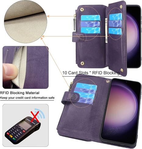 Lacass [Cards Theft Scan Protection] 10 Card Slots Holder Zipper Pocket Wallet Case Flip Leather Cover with Wrist Strap Stand for Samsung Galaxy S23 5G 6.1 inch 2023 Case (Floral Dark Purple) in Saudi Arabia