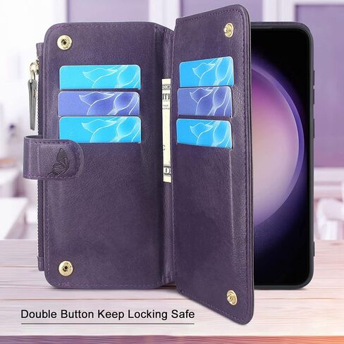 Lacass [Cards Theft Scan Protection] 10 Card Slots Holder Zipper Pocket Wallet Case Flip Leather Cover with Wrist Strap Stand for Samsung Galaxy S23 5G 6.1 inch 2023 Case (Floral Dark Purple) in Saudi Arabia