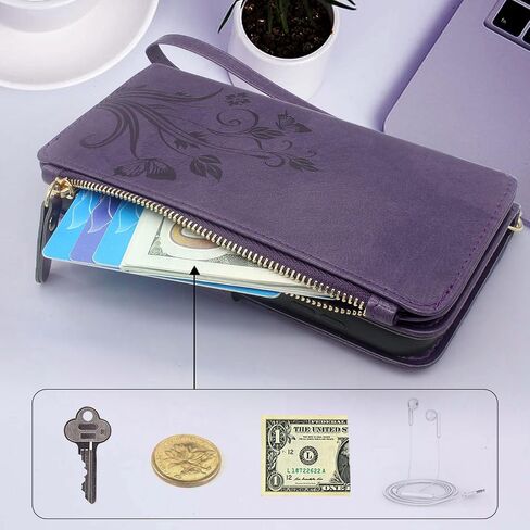 Lacass [Cards Theft Scan Protection] 10 Card Slots Holder Zipper Pocket Wallet Case Flip Leather Cover with Wrist Strap Stand for Samsung Galaxy S23 5G 6.1 inch 2023 Case (Floral Dark Purple) in Saudi Arabia