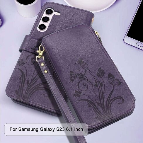 Lacass [Cards Theft Scan Protection] 10 Card Slots Holder Zipper Pocket Wallet Case Flip Leather Cover with Wrist Strap Stand for Samsung Galaxy S23 5G 6.1 inch 2023 Case (Floral Dark Purple) in Saudi Arabia