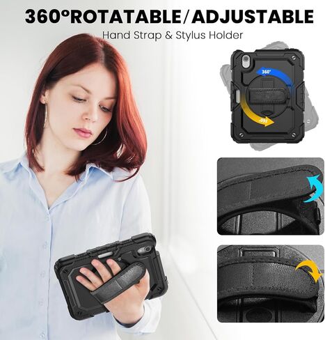حافظة لجهاز iPad Mini 6 8.3 بوصة 2021 مع واقي شاشة وحامل أقلام وحزام يد دوار 360 درجة وحامل، حافظة واقية لجهاز iPad Mini الجيل السادس 8.3 بوصة 2021 (أسود) in Saudi Arabia