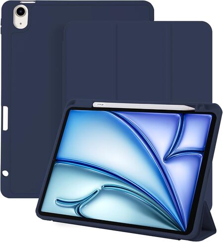 حافظة لجهاز iPad Air 6/5/4، حافظة iPad Air الجيل الخامس/الرابع مقاس 10.9 بوصة 2022،2024 غطاء واقٍ لجهاز iPad Air 11 بوصة مع حامل قلم رصاص، يدعم الشحن اللاسلكي، حامل ذكي ثلاثي الطي (كحلي) in Saudi Arabia