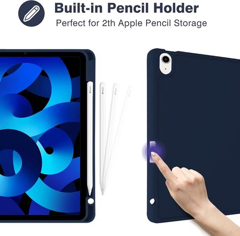 حافظة لجهاز iPad Air 6/5/4، حافظة iPad Air الجيل الخامس/الرابع مقاس 10.9 بوصة 2022،2024 غطاء واقٍ لجهاز iPad Air 11 بوصة مع حامل قلم رصاص، يدعم الشحن اللاسلكي، حامل ذكي ثلاثي الطي (كحلي) in Saudi Arabia