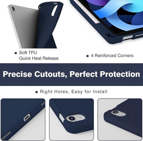 حافظة لجهاز iPad Air 6/5/4، حافظة iPad Air الجيل الخامس/الرابع مقاس 10.9 بوصة 2022،2024 غطاء واقٍ لجهاز iPad Air 11 بوصة مع حامل قلم رصاص، يدعم الشحن اللاسلكي، حامل ذكي ثلاثي الطي (كحلي) in Saudi Arabia