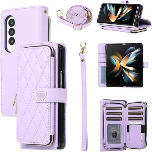 حافظة محفظة Furiet لهاتف Samsung Galaxy Z Fold 5 5G 2023 مع حزام معصم، وحزام كتف حول الجسم، و9+ فتحات للبطاقات، ومحفظة بسحاب، وغطاء هاتف محمول فاخر من جلد البولي يوريثان لهاتف ZFold5 Z5 G Fold5 5Z أرجواني in Kuwait