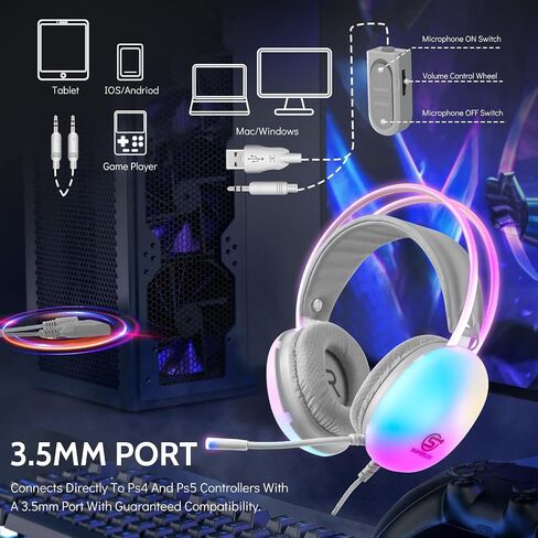 PC Gaming Headset Wired RGB with Microphone, Rainbow LED Gaming Headphones for PS4/PS5/MAC/XBOX/Laptop, Stereo Surround, Auto-Adjust Headband, 50mm Drivers, 3.5mm Audio Over Ear Headphone in Saudi Arabia