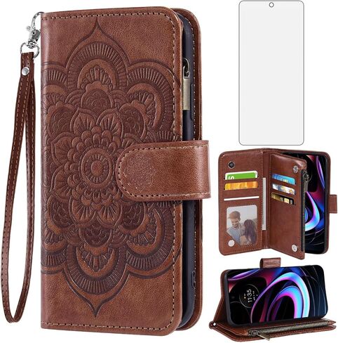 Asuwish Phone Case for Motorola Moto Edge 2021/MotoEdge 5G UW 2021 Wallet Cover with Tempered Glass Screen Protector and Flower Flip Credit Card Holder Stand Cell Accessories XT2141-1 Women Men Brown in Kuwait