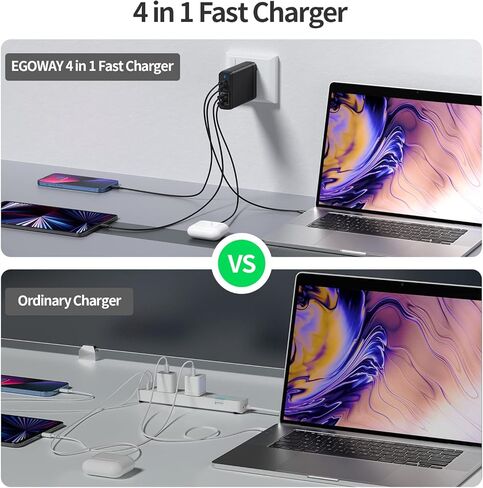 شاحن USB بأربعة منافذ، شاحن حائط EGOWAY 90 وات، شاحن حائط USB C مزدوج 60 وات و18 وات ومنفذ USB A مزدوج 12 وات، شاحن USB C متعدد لأجهزة MacBook والهاتف والمزيد. in Kuwait