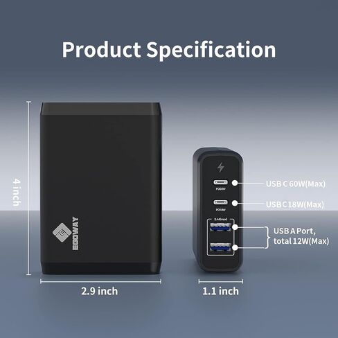شاحن USB بأربعة منافذ، شاحن حائط EGOWAY 90 وات، شاحن حائط USB C مزدوج 60 وات و18 وات ومنفذ USB A مزدوج 12 وات، شاحن USB C متعدد لأجهزة MacBook والهاتف والمزيد. in Kuwait