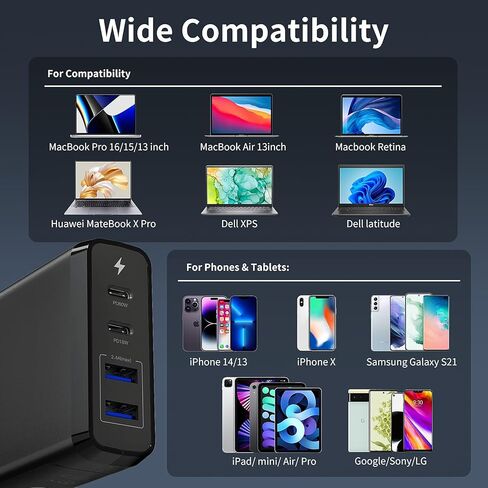 شاحن USB بأربعة منافذ، شاحن حائط EGOWAY 90 وات، شاحن حائط USB C مزدوج 60 وات و18 وات ومنفذ USB A مزدوج 12 وات، شاحن USB C متعدد لأجهزة MacBook والهاتف والمزيد. in Kuwait