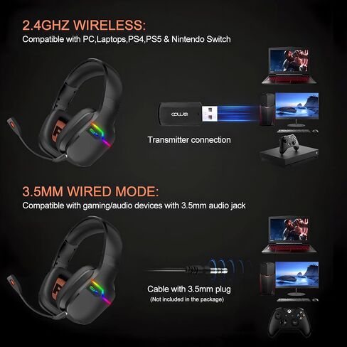 Wireless Gaming Headset for PS5,PS4,PC,Switch,Mac,Mobile,Laptop,2.4GHz Wireless Gaming Headphones with Detachable Mic,30H Wireless Headset Over Ear,USB Dongle-Black (X07-BLACK) in Saudi Arabia
