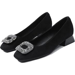 Women's Suede Rhinestone Low Heel Pumps Jeweled Square Toe Chunky Low Heel Closed Toe Dress Work Office Shoes Casual Slip on Slip On Evening Shoes