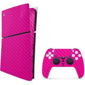 MightySkins Carbon Fiber Skin for PS5 Playstation 5 Slim Digital Edition Bundle - Solid Hot Pink Protective Durable Textured Carbon Fiber Finish Easy to Apply Made in The USA