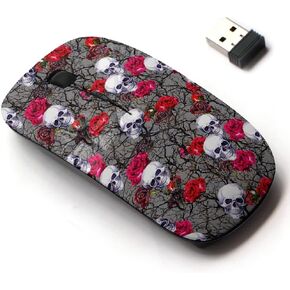2.4G Wireless Mouse with Cute Pattern Design for All Laptops and Desktops with Nano Receiver - Skulls Rose Flowers branchess