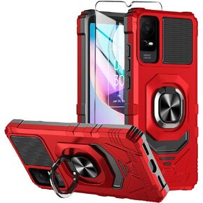 for TCL ION X Case,TCL ION V Phone Case with Tempered Glass Screen Protector,Military Grade Heavy Duty Shockproof Protective Cover,with Ring Kickstand Full-Body Protective (Red)