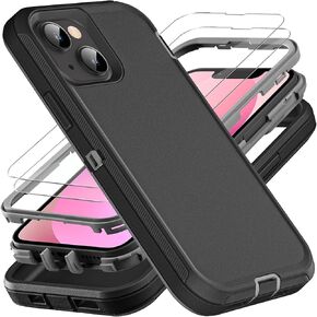 for iPhone 13 Mini Case, Military Grade 3 in 1 Heavy Duty Shockproof/Drop Proof/Dust Proof Case with 2Pcs Tempered Glass Screen Protector (Aqua Blue/Pink)