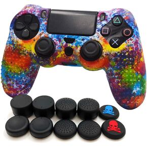 Anti-Slip Silicone with Dots on Hand Grip Skin Set, Protect for PlaySation 4 Controller (Alias Wireless DualShock 4), which 1pcs Controller Skin + 8pcs Thumb Grip Caps - Rainbow Watercolor