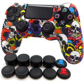 Anti-Slip Silicone with Dots on Hand Grip Skin Set, Protect for PlaySation 4 Controller (Alias Wireless DualShock 4), which 1pcs Controller Skin + 8pcs Thumb Grip Caps - Diamond Skull