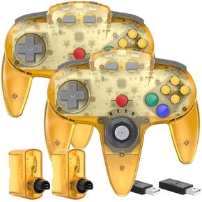 2 Pack 2.4 GHz Wireless N64 Switch Online Controller, USB & N64 Receiver, Compatible with Windows PC iOS Mac Raspberry Pi, N64 / Switch Online/NSO - (Rechargeable) (Plug and Play) (Clear Yellow)