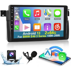 [2+64G] Android 13 Car Radio for BMW E46 3 Series 1999-2005 - Wireless Carplay and Android Auto - 9 Inch Touchscreen Car Stereo with Multiple Themes/GPS/WiFi/SWC + AHD Backup Camera