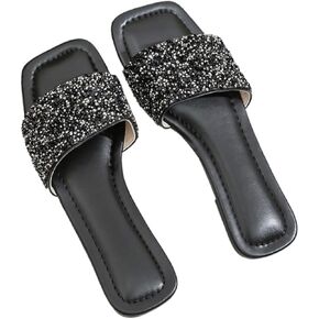Rhinestone Sparkly Sandals Women Glitter Bling Casual Flats Comfortable Open Square Toe Slides