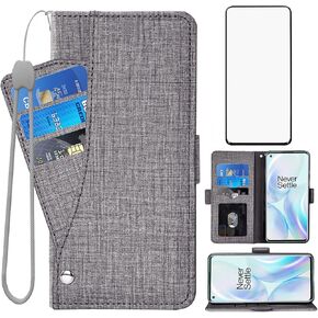 Asuwish Compatible with OnePlus 8 OnePlus8 5G UW Tmobile Wallet Case Tempered Glass Screen Protector and Flip Cover Card Holder Phone Cases for One Plus8 On 1 Plus 1plus One+ 1+ 1+8 Women Men Gray