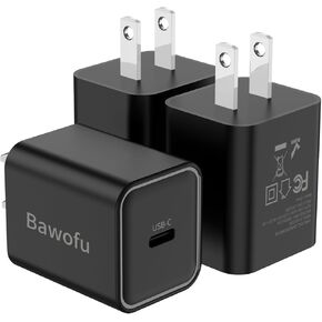 [مدرج في قائمة UL] شاحن Bawofu USB C بقدرة 20 وات، محول طاقة كتلة شاحن جداري GaN مكون من 3 حزم، قالب شاحن سريع مدمج لهاتف iPhone 14/14 Plus/Pro Max/13/12/SE/11، وGalaxy S23/S22، وiPad Mini/ برو/إير، بكسل 4/3