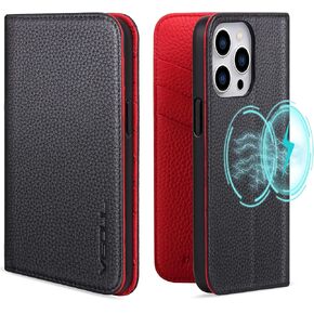 VISOUL Pebbled Real Leather Case for iPhone 15 Pro Wallet Case with Card Holder, Magnetic Kickstand Folio Case Compatible with iPhone 15 Pro(6.1-inch)(Black+Blue)