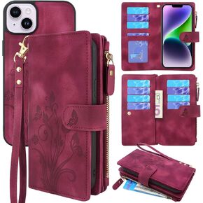 Lacass Compatible with iPhone 14 Plus 6.7 inch Case [ Card Slots] ID Credit Cash Holder Zipper Pocket Detachable Magnet Leather Wallet Cover with Wrist Strap Lanyard(Floral Light Purple)